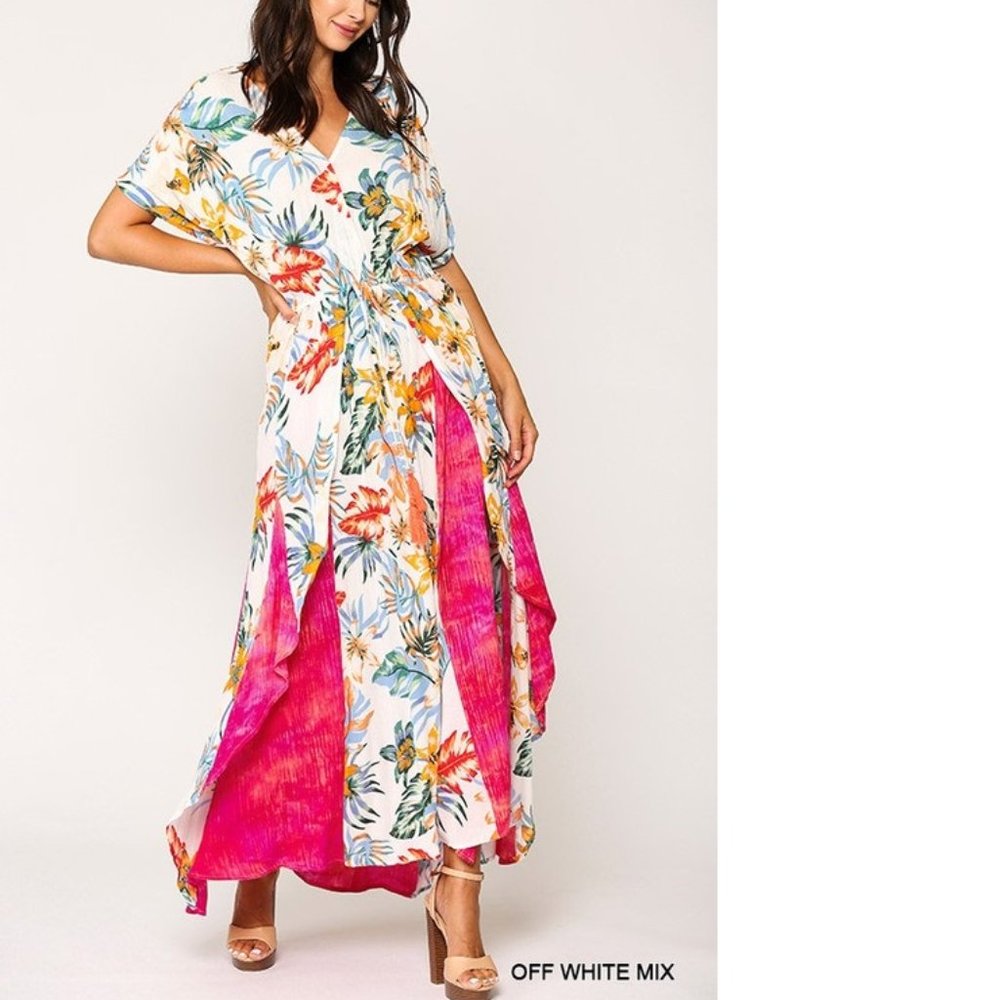 Plus/Reg Floral and Tie Dye Print Elastic Waist Maxi Dress cover up White